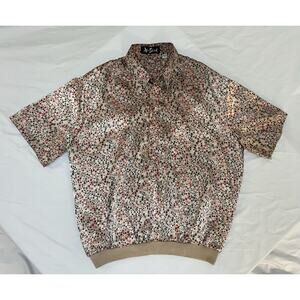 Alan Stuart Shirt Mens LARGE Square Geometric Print Brown Silky Short Sleeve